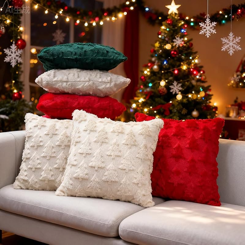 Booque Valley 2 Pack Beige Christmas Tree Pillow Covers 20x20 inches - Fuzzy Wool Embroidered 3D Pine Tree