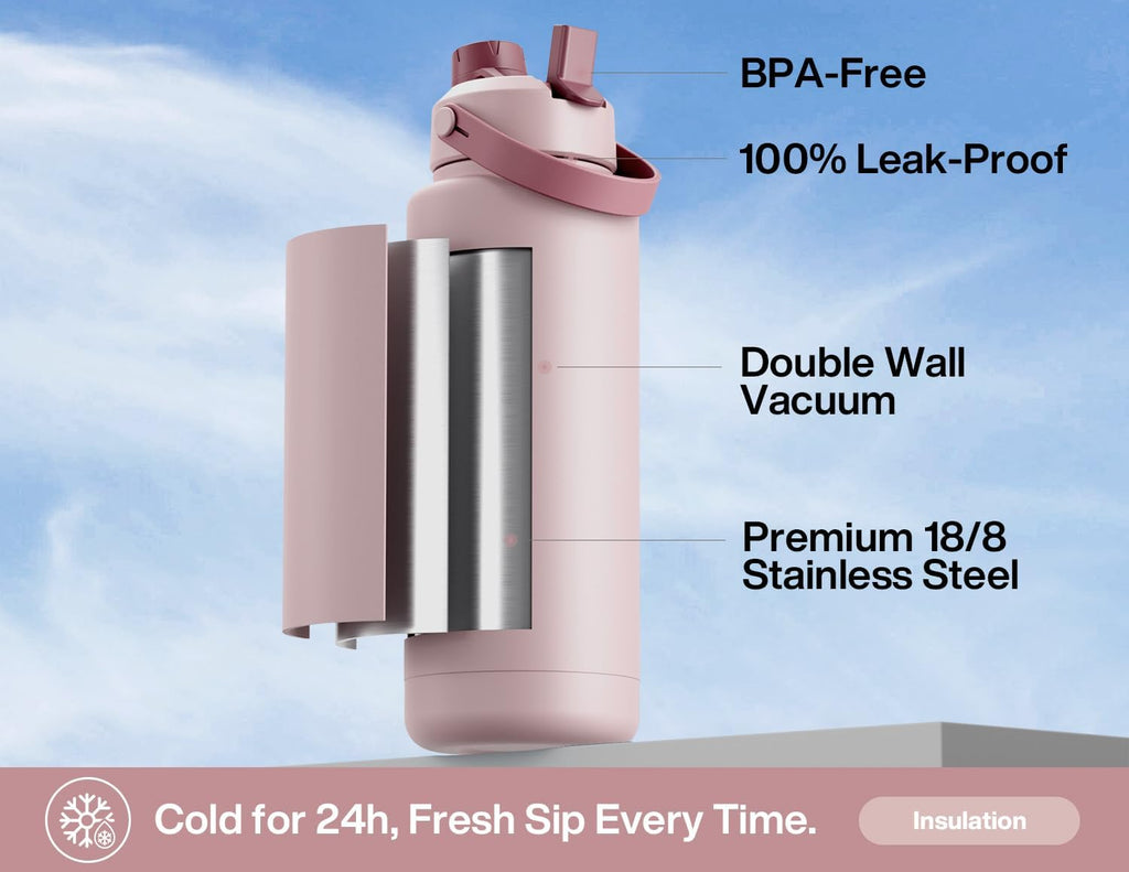 POWCAN 40 oz Insulated Water Bottle - 2-in-1 Straw & Spout Lid, Leak-Proof, BPA-Free | Dried Rose