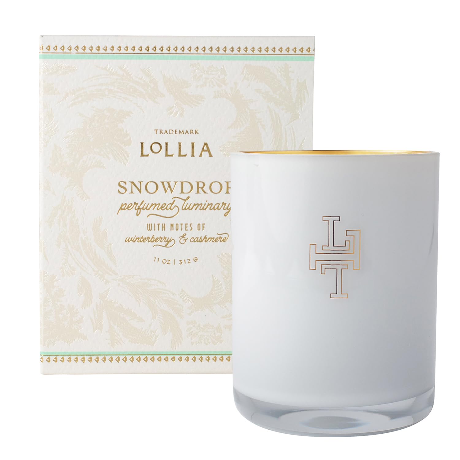LOLLIA Snowdrop Luminary, 11 oz, 312 g, Winterberry & Cashmere Scented Soy Candle, 70 Hour Long Lasting Burn Time, Luxury Home Fragrance & Aromatherapy Decor