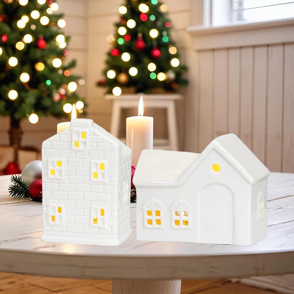Regine Switzerland Christmas Village Houses - White Ceramic Set with Illumination & Remote Control | Rustic Holiday Decor for Tabletop Display