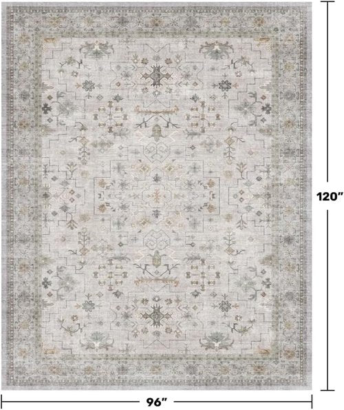 Hazo Haus Boho Living Room Rug - Light Grey Floral Design | Washable 8x10 Non-Slip Area Rug