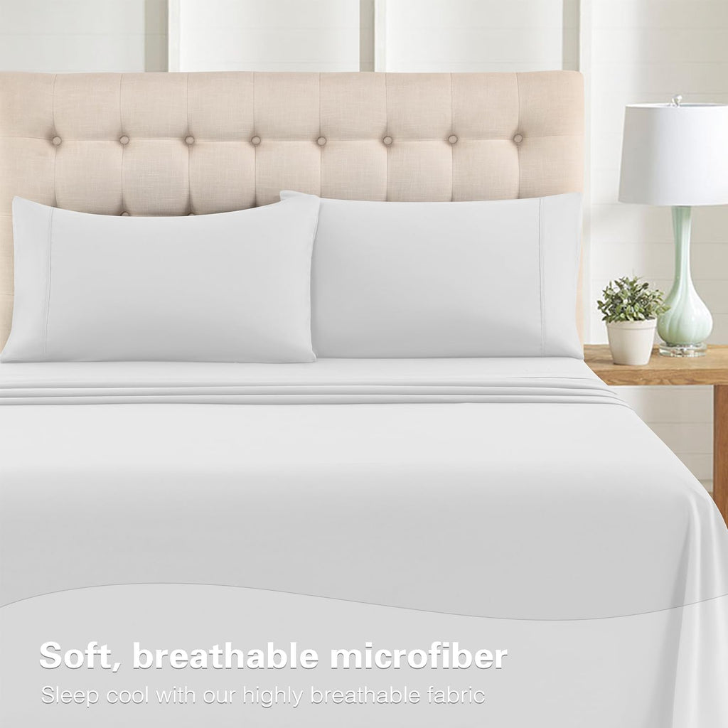 Skiennix Full Sheet Set - 4 Piece Soft Microfiber Bed Sheets, Deep Pocket, Hotel Luxury | White