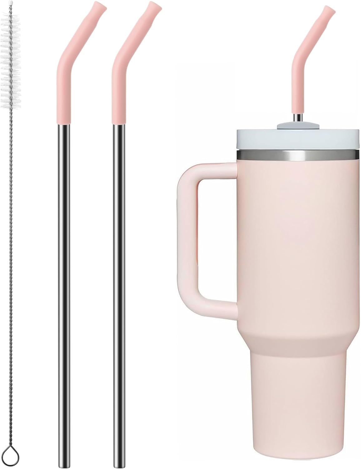 Skiennix Metal Straw Set - Silicone Tip for 40oz Stanley Cup | 2 Stainless Steel Straws + Brush (Light Pink)