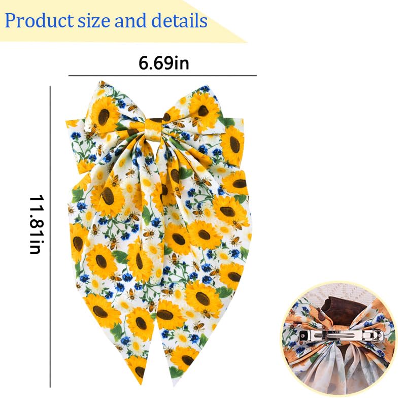 Sudaporn Sunflower Print Large Hair Bow Clip Long Tail Floral Barrettes