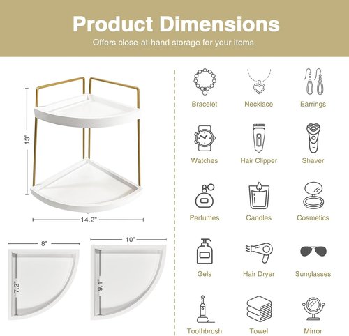 Forbena Bathroom Counter Organizer - 2-Tier Corner Shelf for Makeup & Skincare Storage | White & Gold