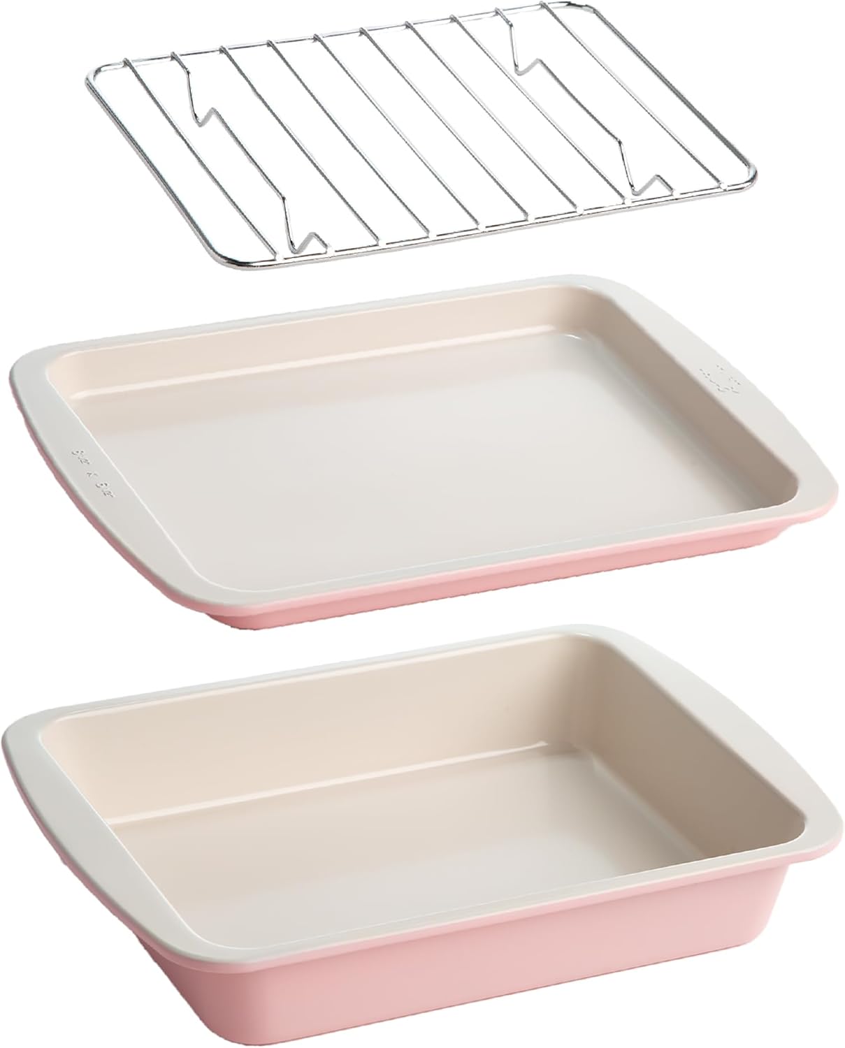 Tasty Nonstick Toaster Oven Baking Set - 3-Piece Carbon Steel Bakeware in Pink | Cake Pan, Oven Tray, Rack