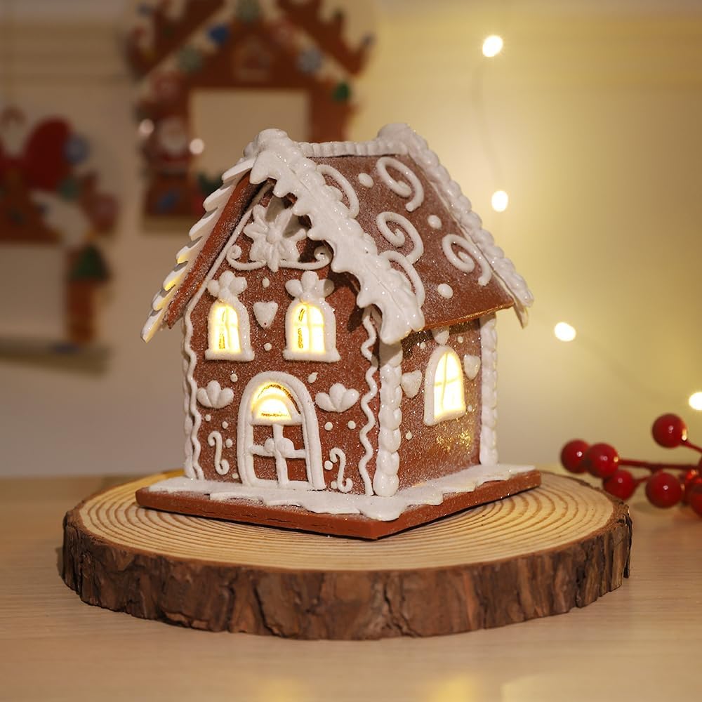 Regine Switzerland Gingerbread House Christmas Decoration - LED Light Clay Dough Design for Holiday Tabletop Decor
