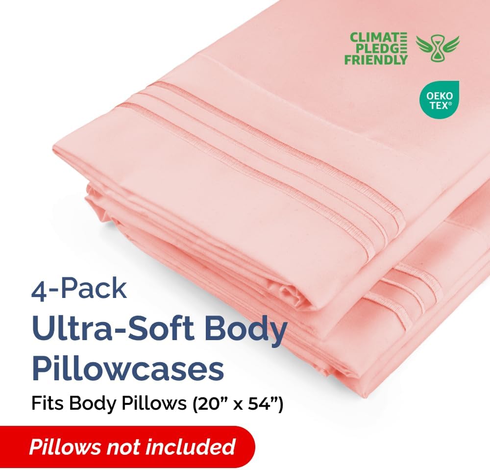 Skiennix Body Pillowcases Set of 4 | Soft & Breathable 20x54 Long Pillow Covers - Comfy Baby Pink