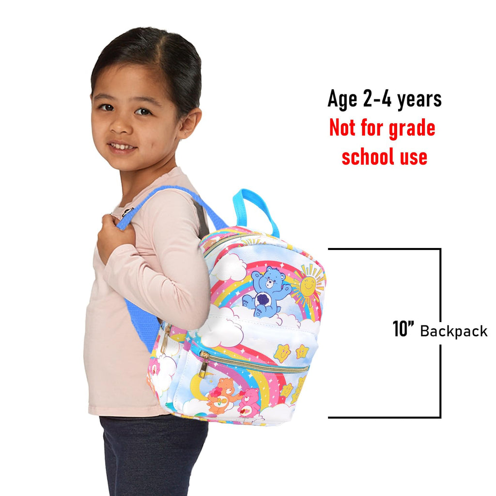 Care Bears Mini Backpack for Girls - 10” Faux Leather Care Bears Backpack with Front Pocket Plus Bottle | Care Bears Backpack Bundle