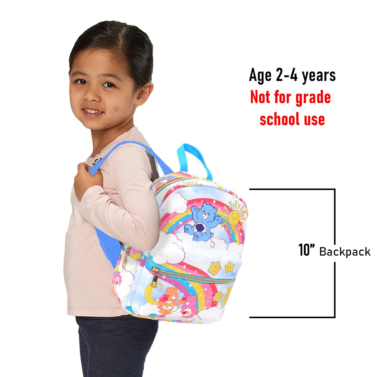 Care Bears Mini Backpack for Girls - 10” Faux Leather Care Bears Backpack with Front Pocket Plus Bottle | Care Bears Backpack Bundle