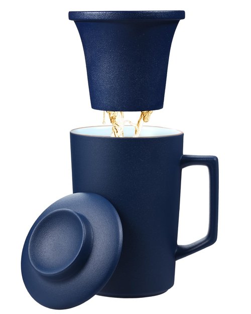 Foinly 15 oz Ceramic Tea Infuser Cup with Lid - Tea Mug with All Porcelain Strainer for Loose Leaf Teas,Microwave and Dishwasher Safe,Metal-Free,BPA-Free for Tea Lovers/Mother's Day (Blue)