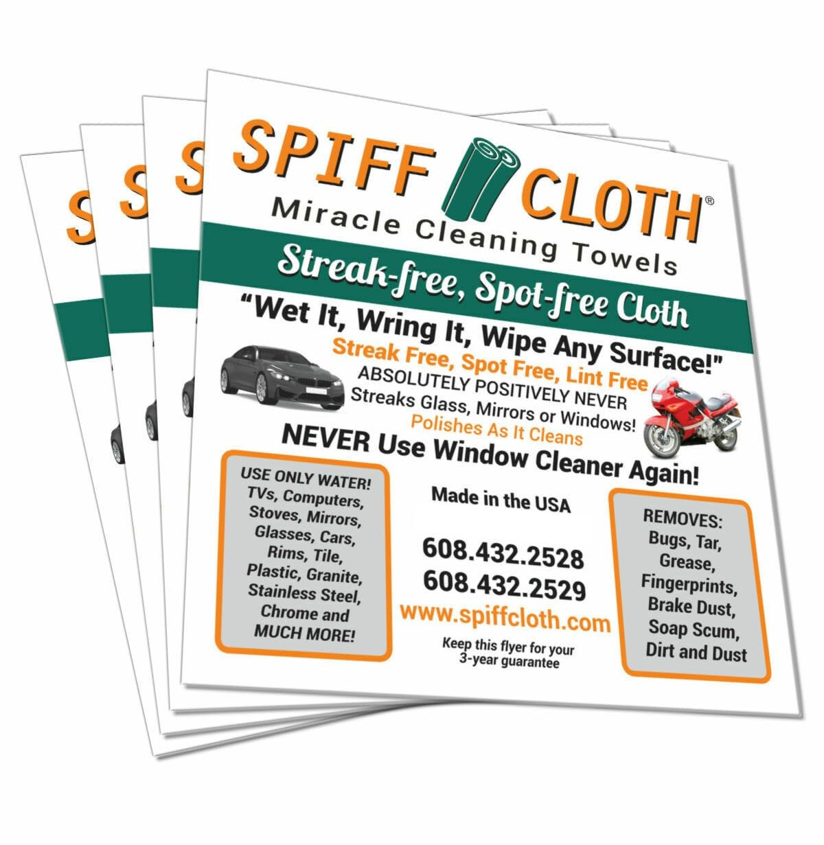 Spiff Cloth 4-Count, Miracle Cleaning Towels, Streak-Free, Cleans with Just Water, 16" x 16" Reusable Washable Cloths