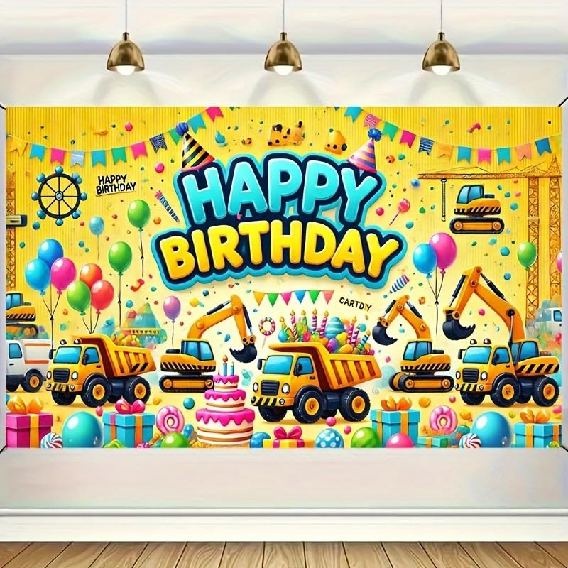 Construction Vehicle Birthday Backdrop Banner - 70.8 x 43.3 in