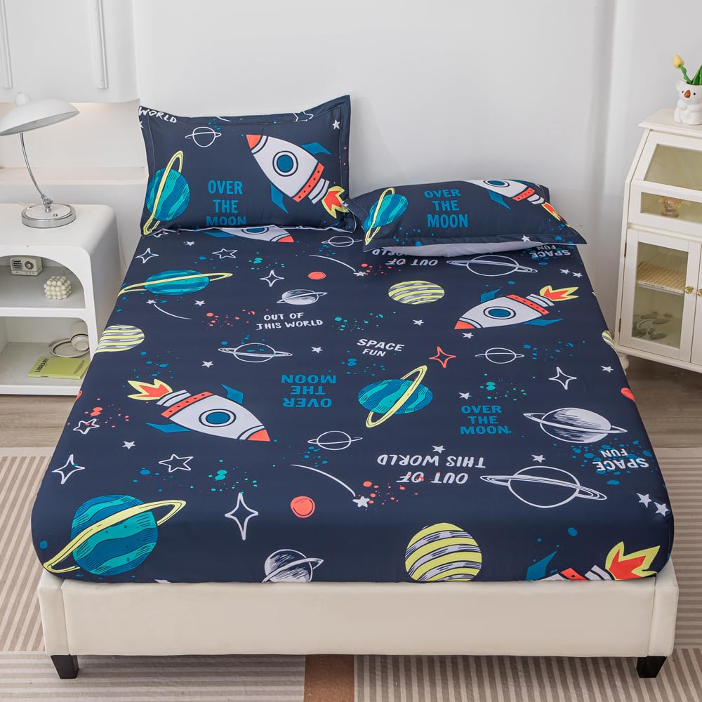 Megamayga Space Sheets Queen Size for Boys Kids 4 Pieces Outer Space Bed Sheets 3D Space Rocket Planets Bedding Set for Teens Boys Space Theme Bedding Set Galaxy Stars Bed Sheet Set Room Home Decor