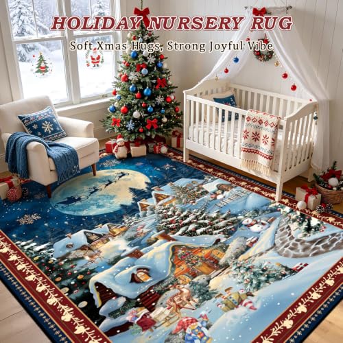 Christmas Washable Area Rug 6x9Ft - Red & Blue Holiday Decor, Rectangular