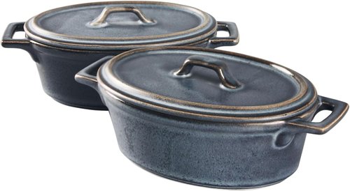 Ceramic Mini Oval Cocotte Set - 10 Ounce Casserole Dishes with Lids | Set of 2, Blue, Oven & Microwave Safe