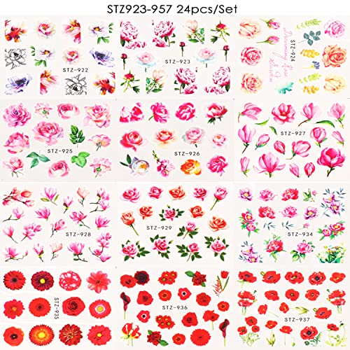 24 Sheets Floral Nail Art Stickers Water Transfer Decals Butterfly Leaf