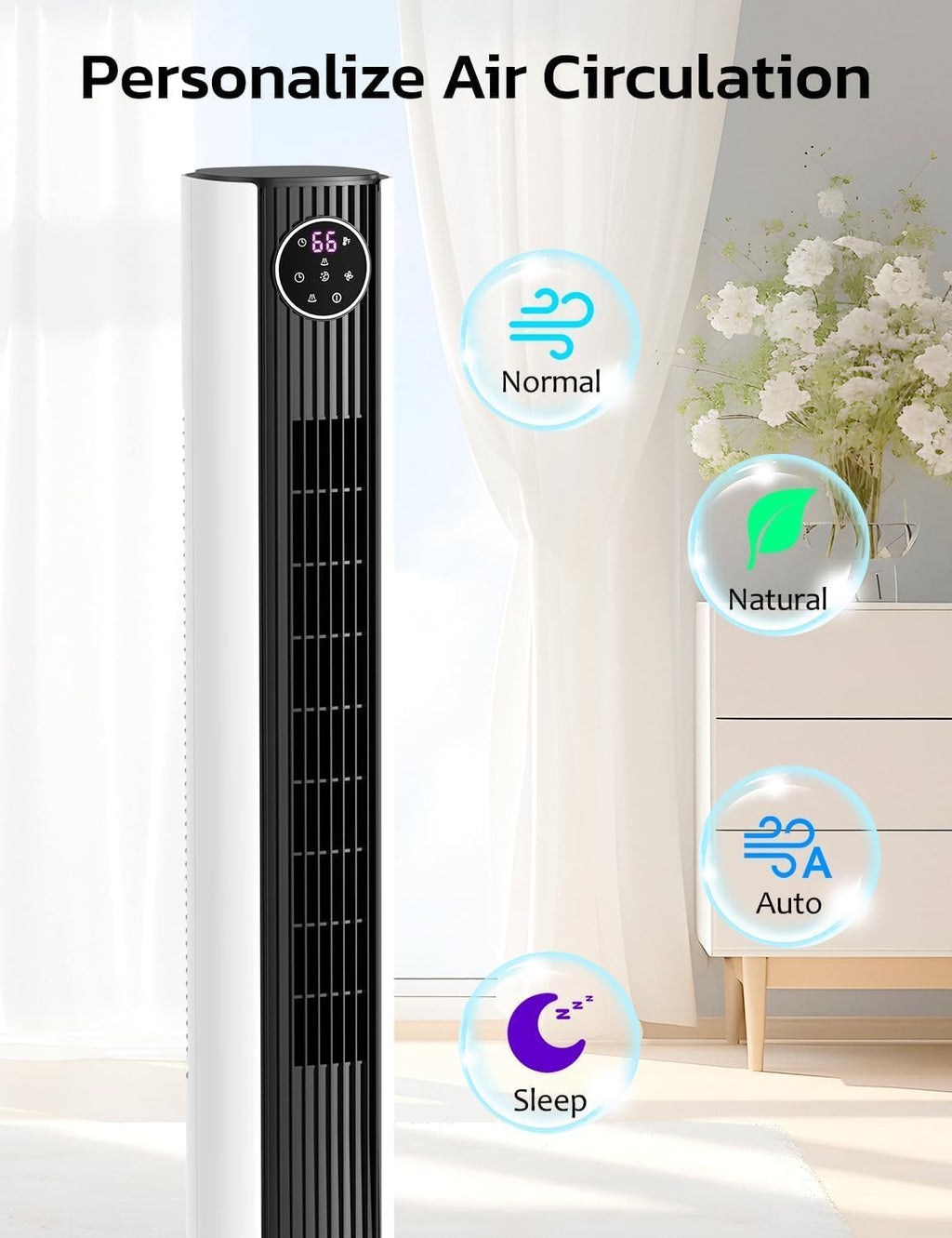 ZAFRO Tower Fan - 90° Oscillating Design with 4 Modes, 3 Speeds & 12H Timer | 36-Inch Black & White