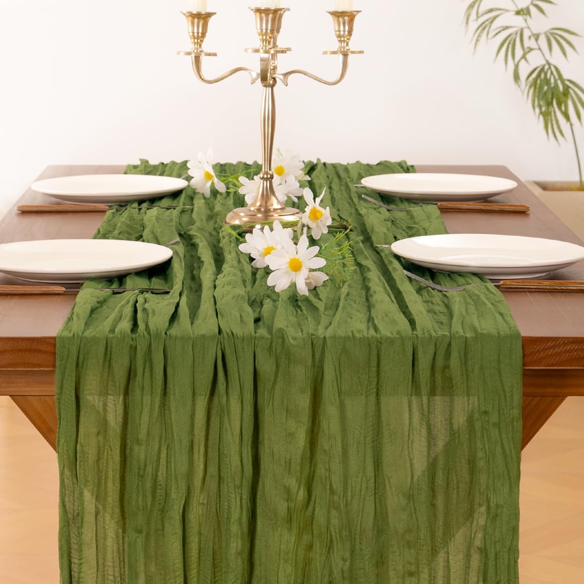 Socomi Cheesecloth Table Runner - Boho Rustic Green 120-Inch for Weddings, Parties & Home Decor