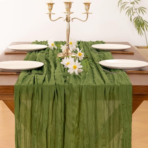 **Socomi Cheesecloth Table Runner - Boho Rustic Design for Weddings & Events | 120 Inch Green**