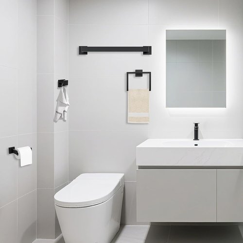 JOPOFI 5 Piece Bathroom Towel Bar Set - Matte Black SUS304 Stainless Steel Towel Holder | 15.7 Inch Wall Mounted Racks