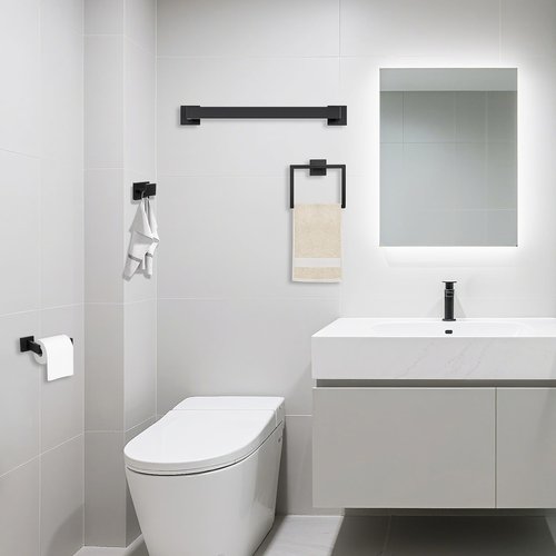 JOPOFI 5 Piece Bathroom Towel Bar Set - SUS304 Stainless Steel Bath Towel Holder, 15.7 Inch Towel Racks for Bathroom Wall Mounted, Bathroom Hardware Accessories Set - Matte Black