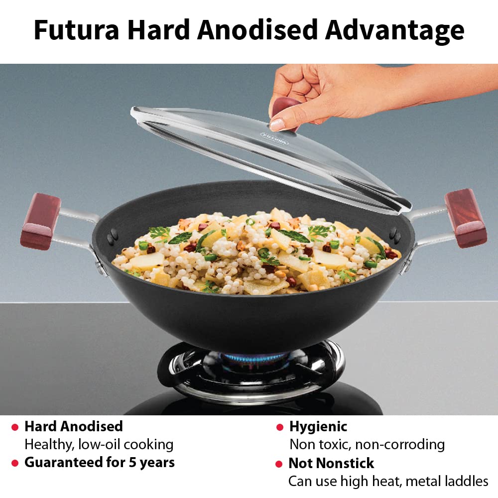 Hawkins Futura 3 Litre Deep Fry Pan, Hard Anodised Kadai with Glass Lid, Flat Bottom Kadhai, Black (AD30G)