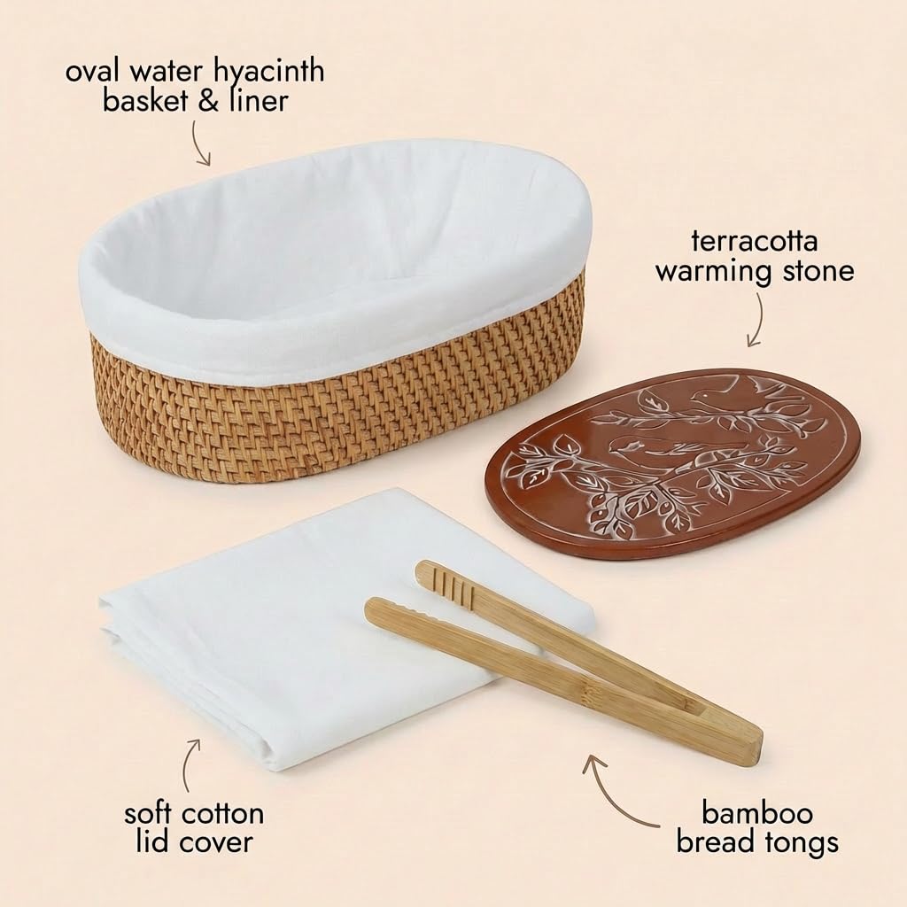 YANGQIHOME Bread Warmer Basket with Terracotta Warming Stone - Large Bread Basket for Sourdough, Tortillas, Rolls - Keeps Bread Warm 60+ Minutes - Includes Lid, Tongs & Liner