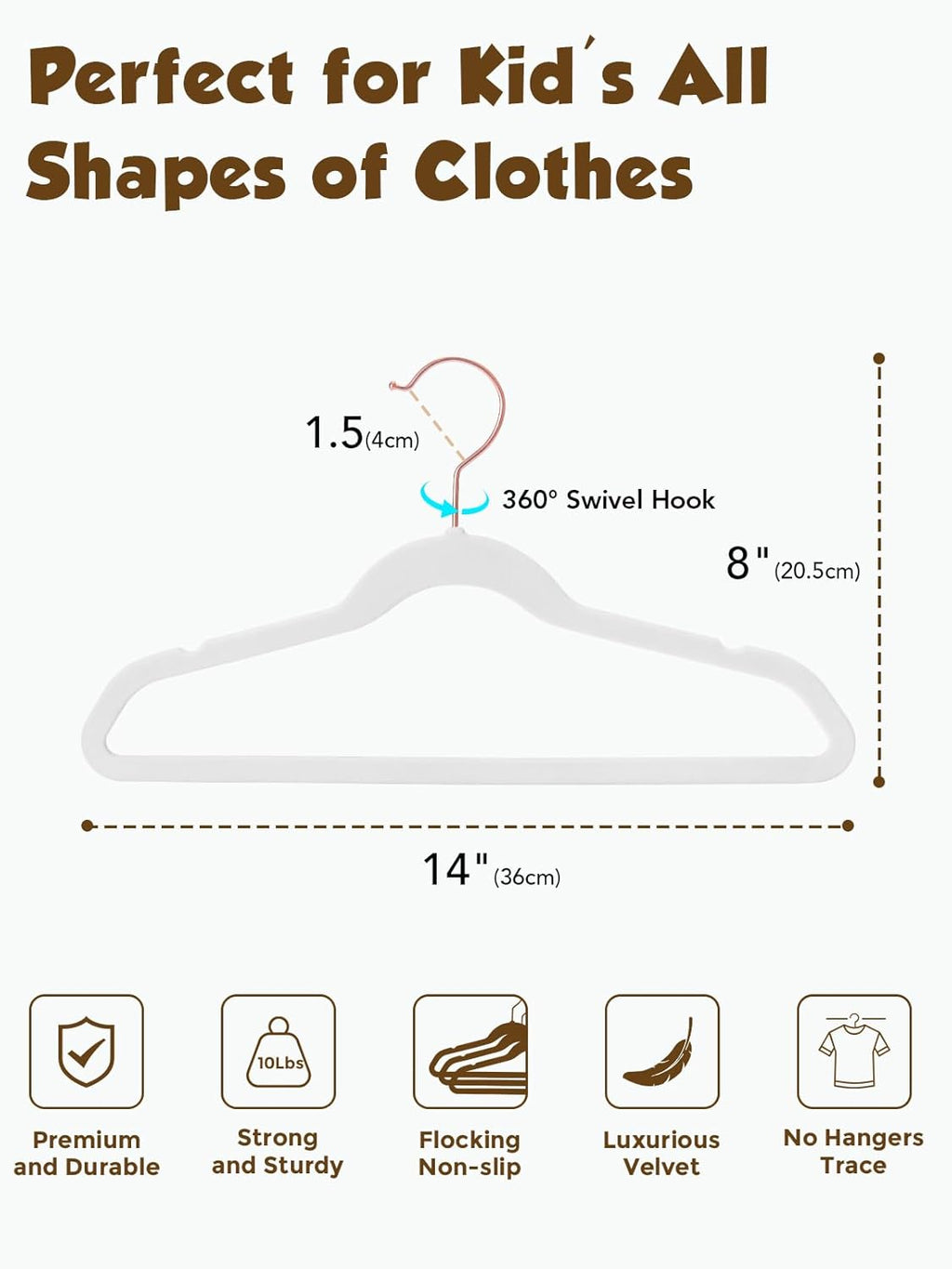 Smartor Kids Velvet Hangers - 50 Pack Premium Non-Slip Felt Hangers for Toddler Clothes | 14 Inch - White with Rose Gold Hook