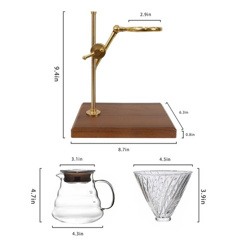 L'ÉPICÉA Pour Over Coffee Maker Set, Pour Over Coffee Maker with Stand, Adjustable Stainless Steel Stand, Wooden Base, Paper Filters, Cone Glass Coffee Carafe, Pour Over Coffee Dripper
