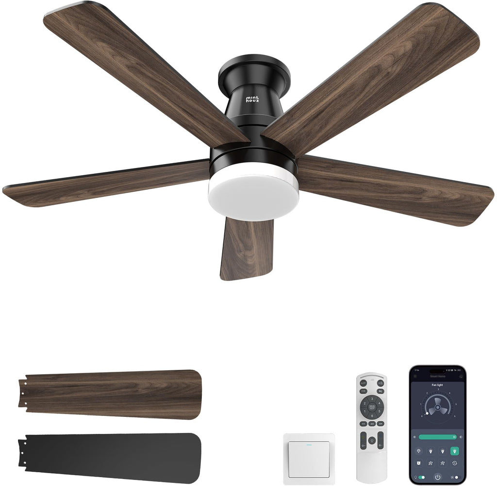 Minthouz Ceiling Fans with Lights, 42 inch Ceiling Fan with Light with APP/Remote Control, 6000K Dimmable LED, Modern Flush Mount Ceiling Fan for Indoor Bedroom Living Room, DC Reversible, Black