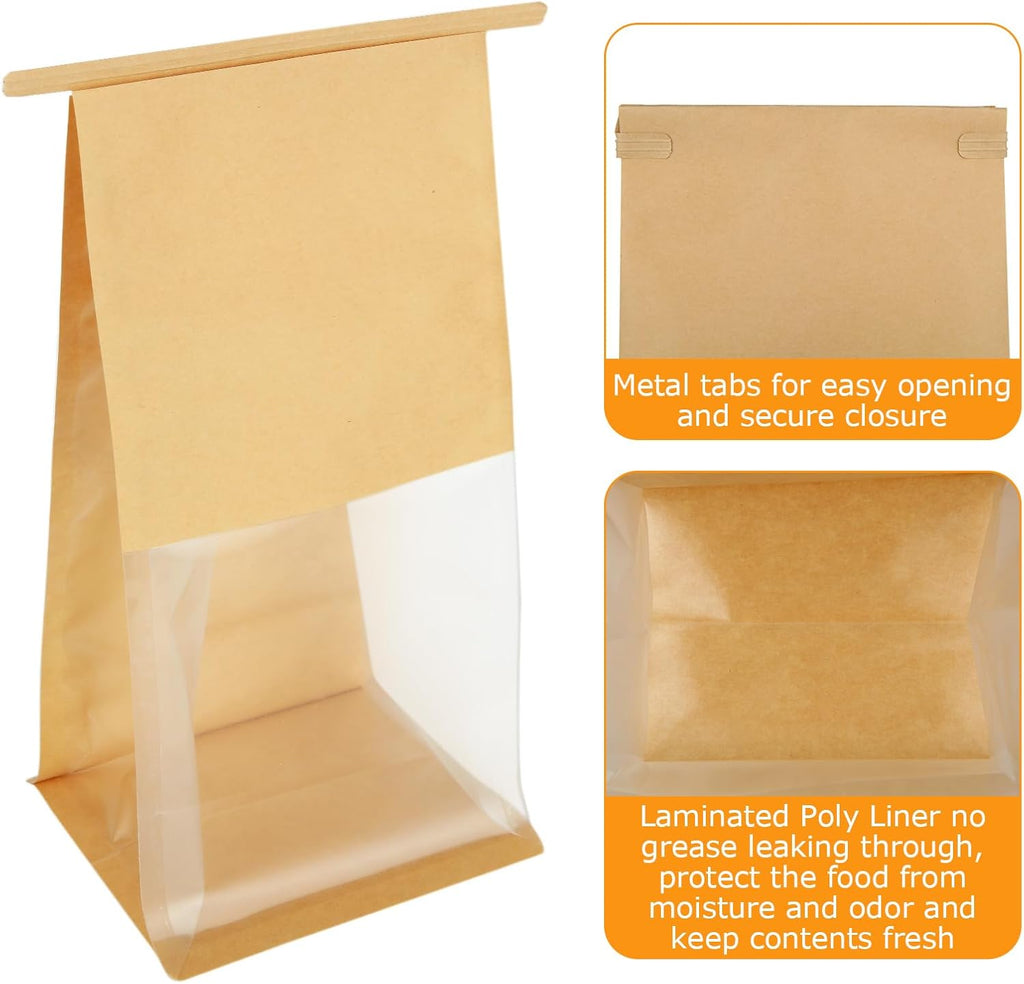 Skiennix 150PCS Bakery Bags - Windowed Kraft Paper Cookie Bags for Treats | 5.1 x 4.3 x 11.2 Inch