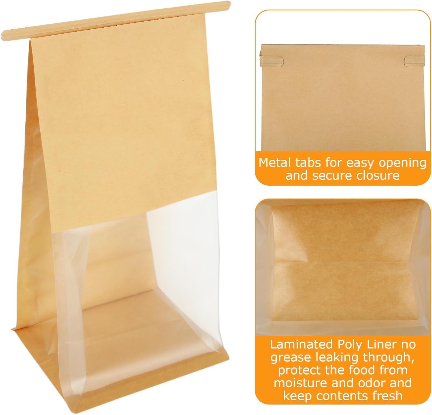 Skiennix 150PCS Bakery Bags - Windowed Kraft Paper Cookie Bags for Treats | 5.1 x 4.3 x 11.2 Inch