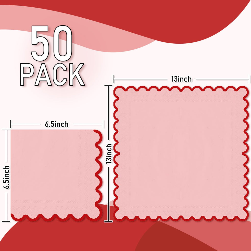 FYSUIMU 50 Pcs Pink Red Luncheon Napkins Disposable Paper Napkin Scalloped Decorative Dessert Dinner Hand Napkin for Valentine' s Day Wedding Home Party Table Supplies Decor
