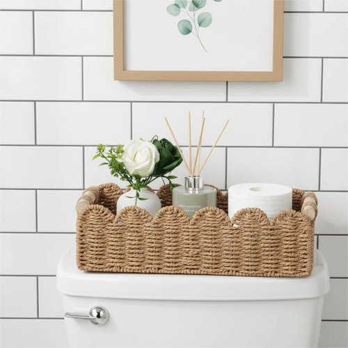 CubesLand Toilet Paper Storage Basket - Scalloped Edge Design with 2 Wooden Handles | Neutral Color, Small Size