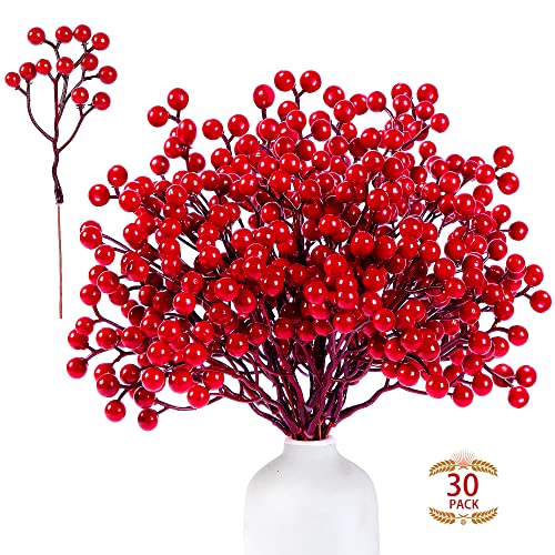 Artificial Red Berry Stems 30 Pack Christmas Holly Branches for Holiday Decorations - Variation: Red