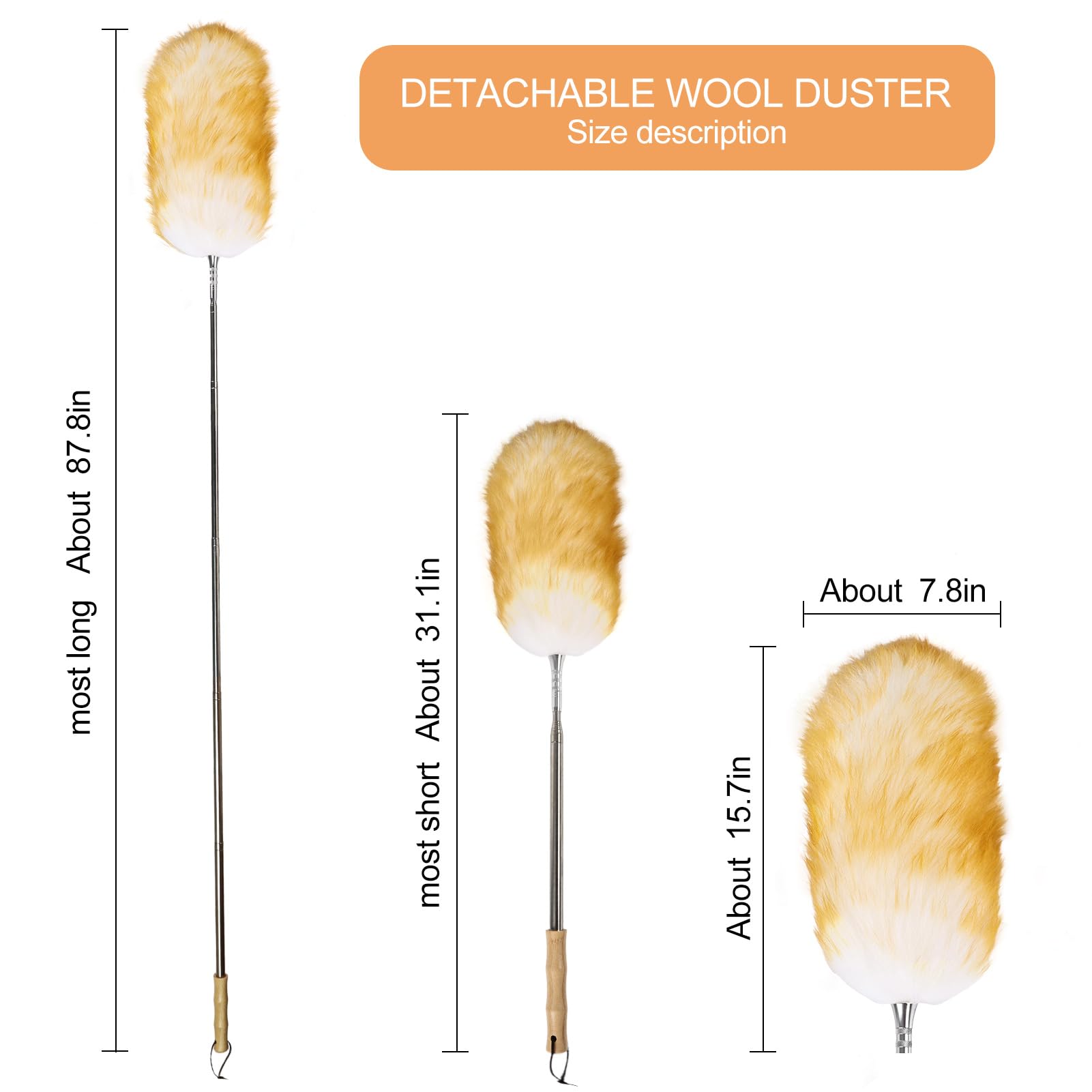 Extendable Lambswool Feather Duster 31-88 Inch, Anti-Static Wool Duster for Cleaning with Stainless Steel Pole - Ideal for High Ceilings, Fans, Interior & Roof (Yellow & White)