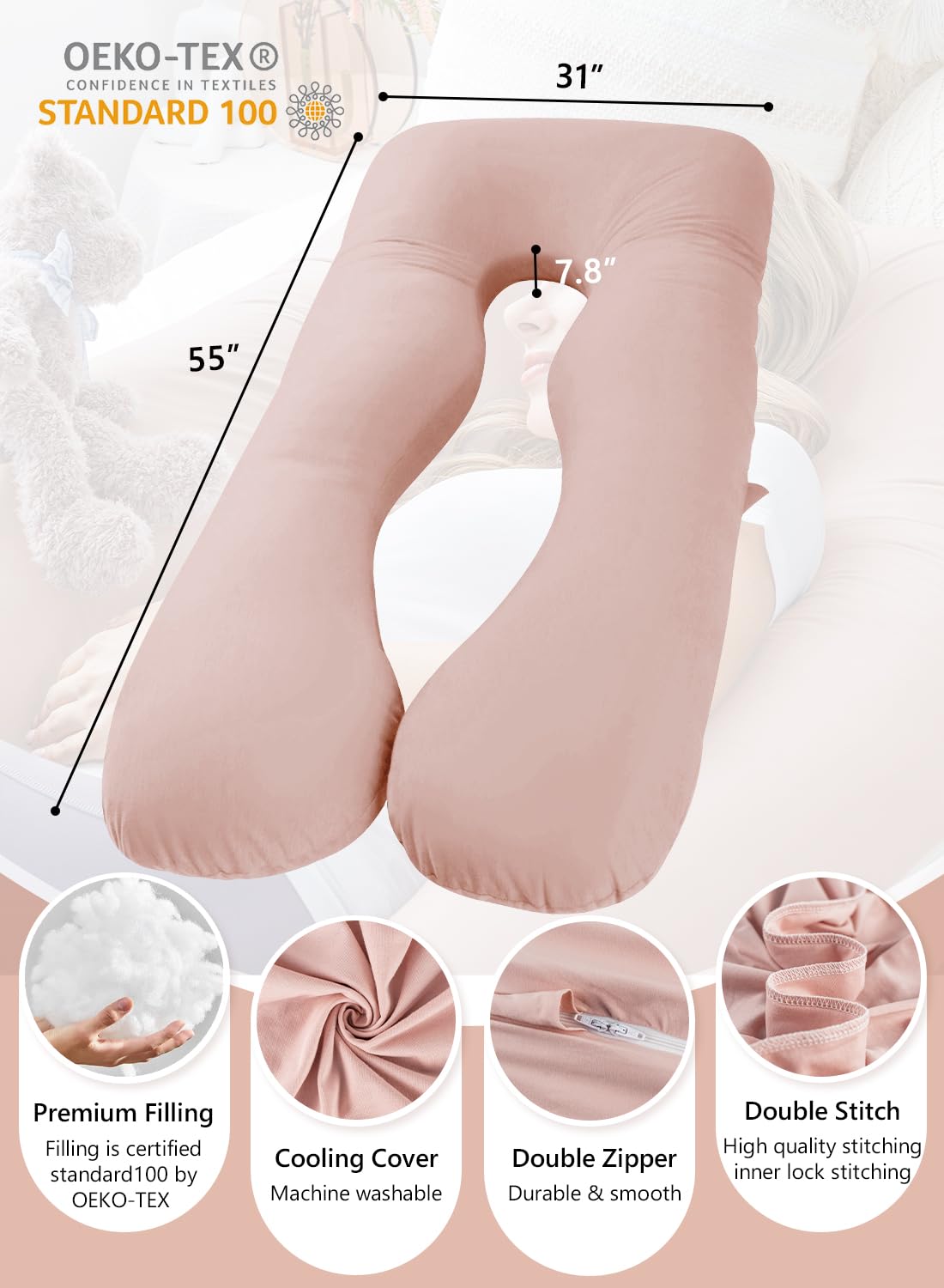 Meiz Cooling Pregnancy Pillow - U Shaped Maternity Body Pillow with Jersey Cover for Comfort