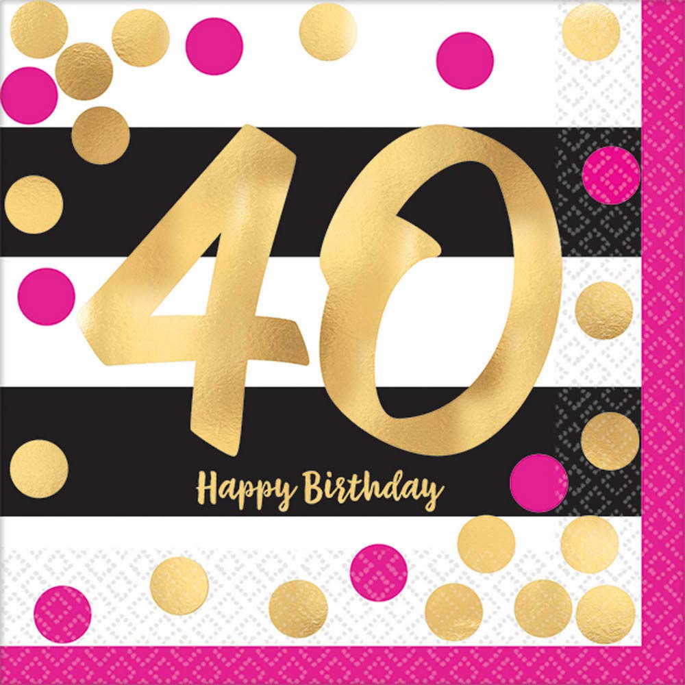 Amscan Pink and Gold Milestone "40" Hot-Stamped Beverage Napkins, 16pcs, One Size, Birthday