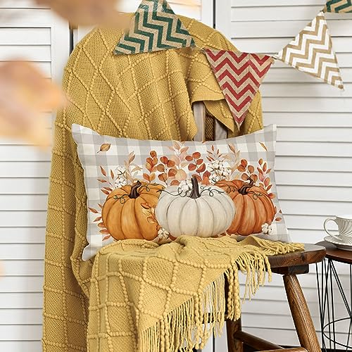 AVOIN colorlife Fall Pumpkin Plaid Orange Throw Pillow Cover 20x12 Inch