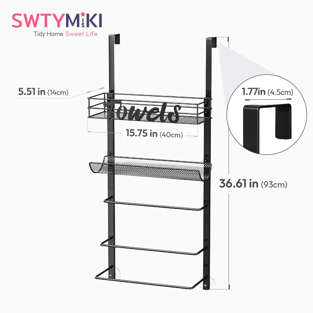 SWTYMIKI Over The Door Towel Racks for Bathroom - 5-Tier Wall Mounted Bathroom Towel Storage Organizer Holder with Metal Shelf, Black