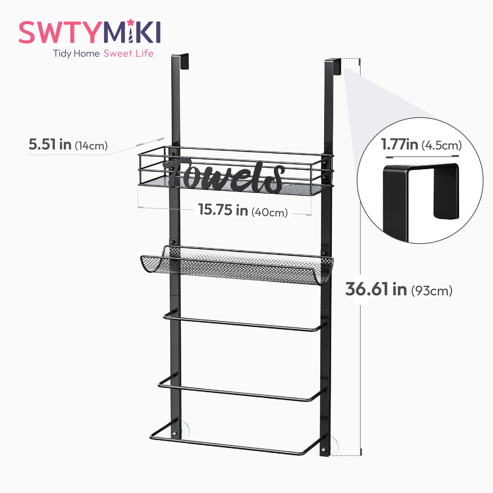 SWTYMIKI Over The Door Towel Racks for Bathroom - 5-Tier Wall Mounted Bathroom Towel Storage Organizer Holder with Metal Shelf, Black