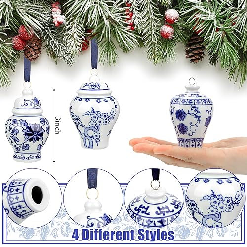 12 Pieces Christmas Blue and White Chinoiserie Ginger Jar Ornaments - Retro Style