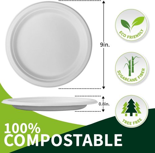 Compostable Paper Plates by Eco-Friendly | 9 Inch, 150 Pack, Sturdy & Biodegradable Dinnerware for Parties & Picnics