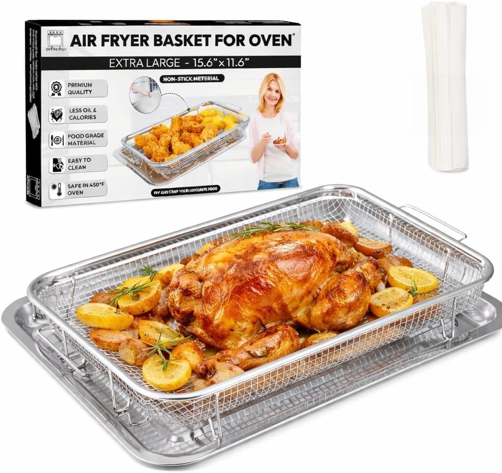 OvenCrisp Air Fryer Basket Set - 15.6" X 11.6" Stainless Steel Pan & Crisper Tray with 30 Parchment Papers