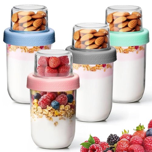 KTMAMA 4 Pack Glass Yogurt Parfait Cups with Lids, 16+4oz Reusable Containers with Dry & Wet Separation, Leak-Proof for Overnight Oats, Meal Prep, Portable to Work & School, Easy Clean