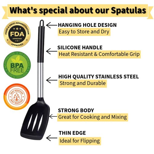 2 Pack Silicone Steel Sturdy Turner Spatula Set, Non-Stick Turner and Solid Spatula, High Heat Resistant BPA Free Cooking Kitchen Utensils - AR3T Collection - Black