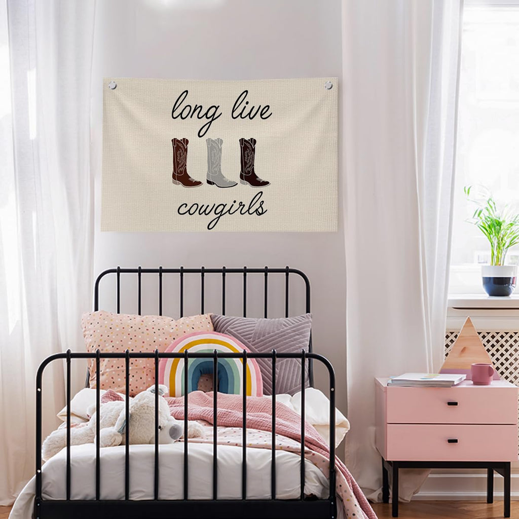 QROZIAR Trendy Long Live Cowgirls Banner Wall Decor, Western Flags for Bedroom Teen Girls, Rustic Country Cowgirl Boots Canvas Banner Wall Hanging Banner, Girly Wall Flags for Kids Room Playroom College Dorm Decor