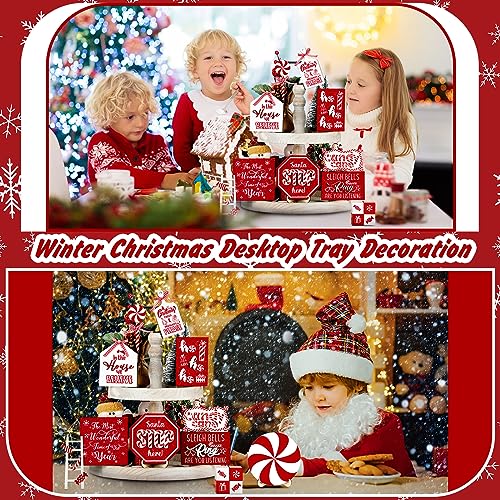 Christmas Candy Cane Tiered Tray Decor Set - 14 Pieces Holiday Table Centerpiece