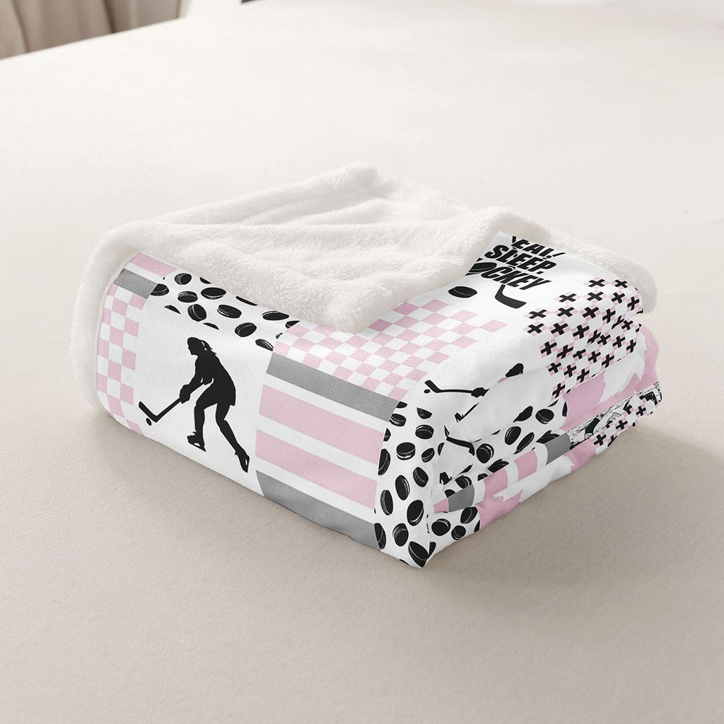 Erosebridal Ice Hockey Twin Size Fleece Blanket for Girls, Puck Sports Games Fuzzy Blankets for Kids Teens Bedroom, Hockey Player Throw Blanket Plaid Patchwork Blankets, Pink White Black